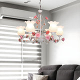 Elegant Pink Rose White Glass Flower Round Chandelier Image - 9