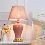 Elegant Pink Silk Shade Ceramic Bedroom Table Lamp Image - 1