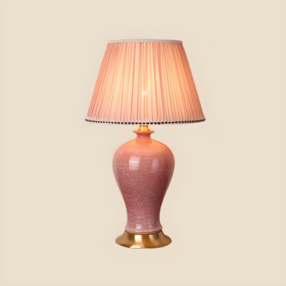 Elegant Pink Silk Shade Ceramic Bedroom Table Lamp Image - 10