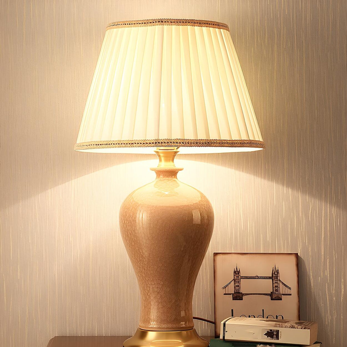 Elegant Pink Silk Shade Ceramic Bedroom Table Lamp Image - 14