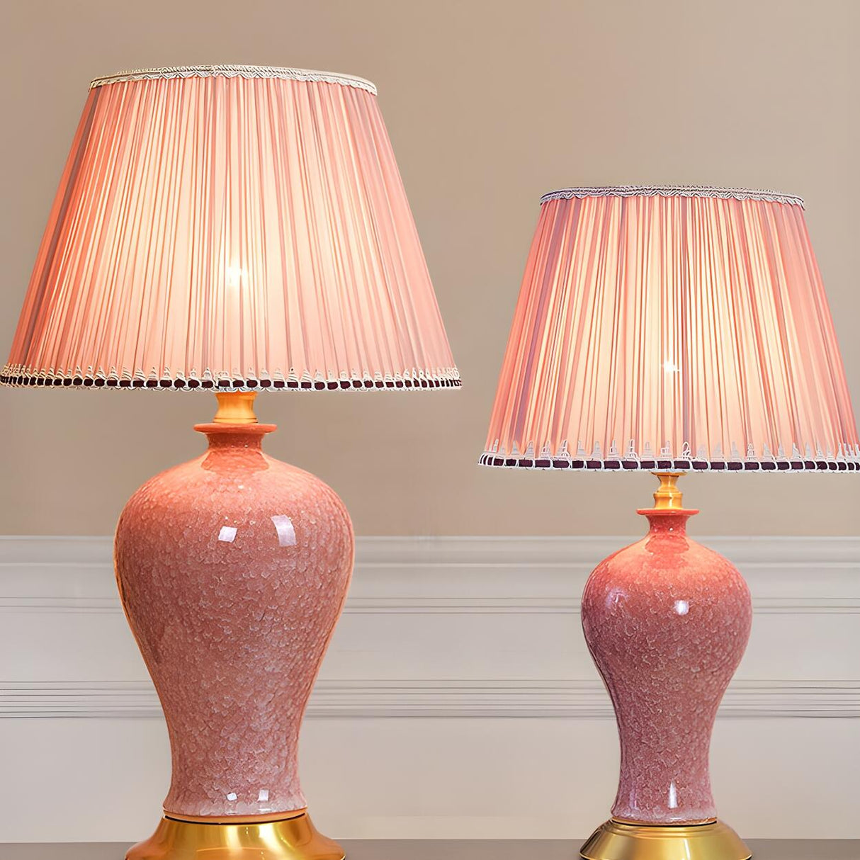 Elegant Pink Silk Shade Ceramic Bedroom Table Lamp Image - 15