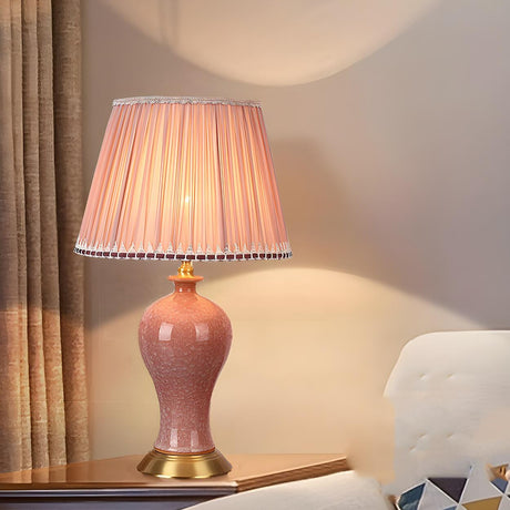 Elegant Pink Silk Shade Ceramic Bedroom Table Lamp Image - 2