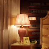 Elegant Pink Silk Shade Ceramic Bedroom Table Lamp Image - 3