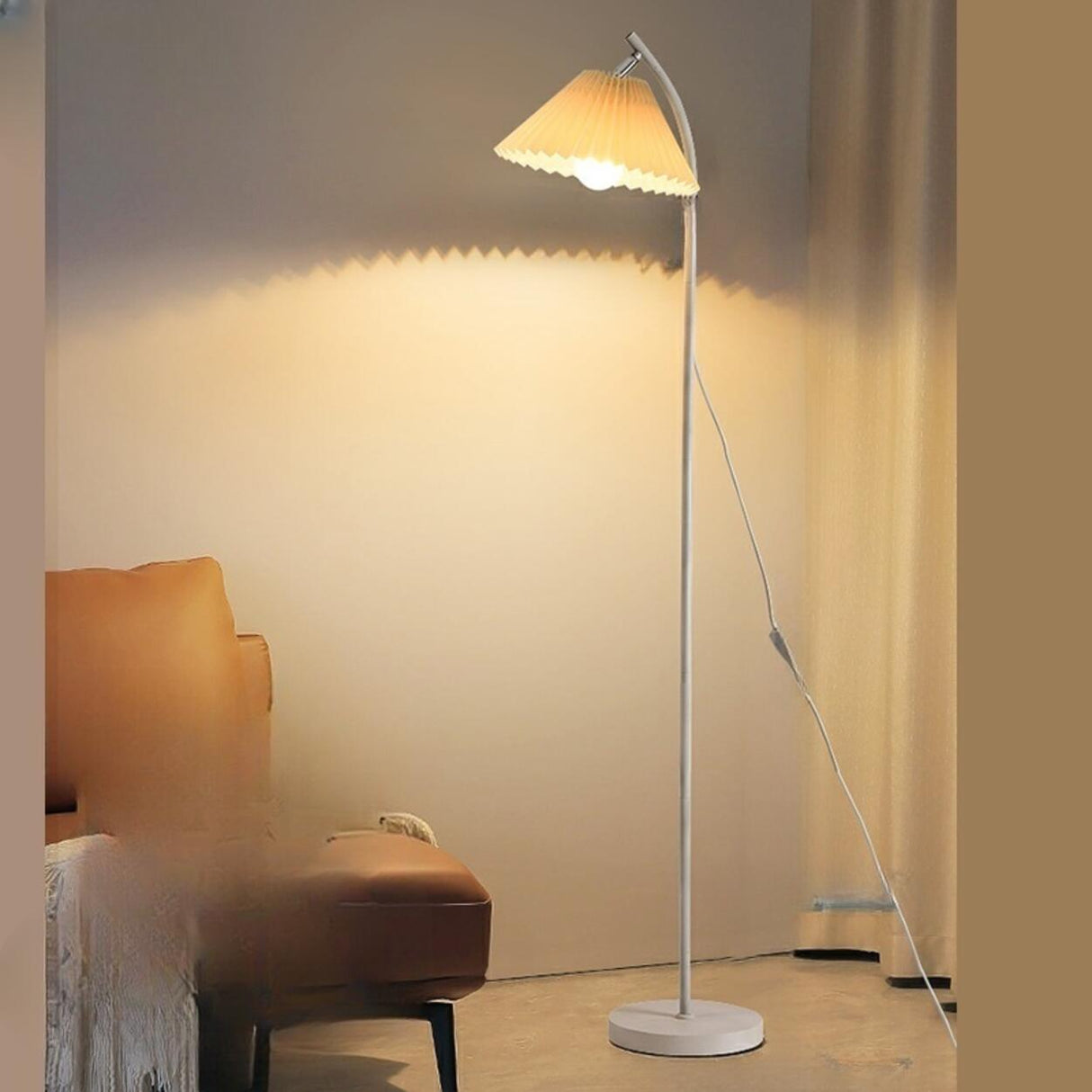 Elegant Pleated Beige Cone Curved Metal Floor Lamp Image - 3