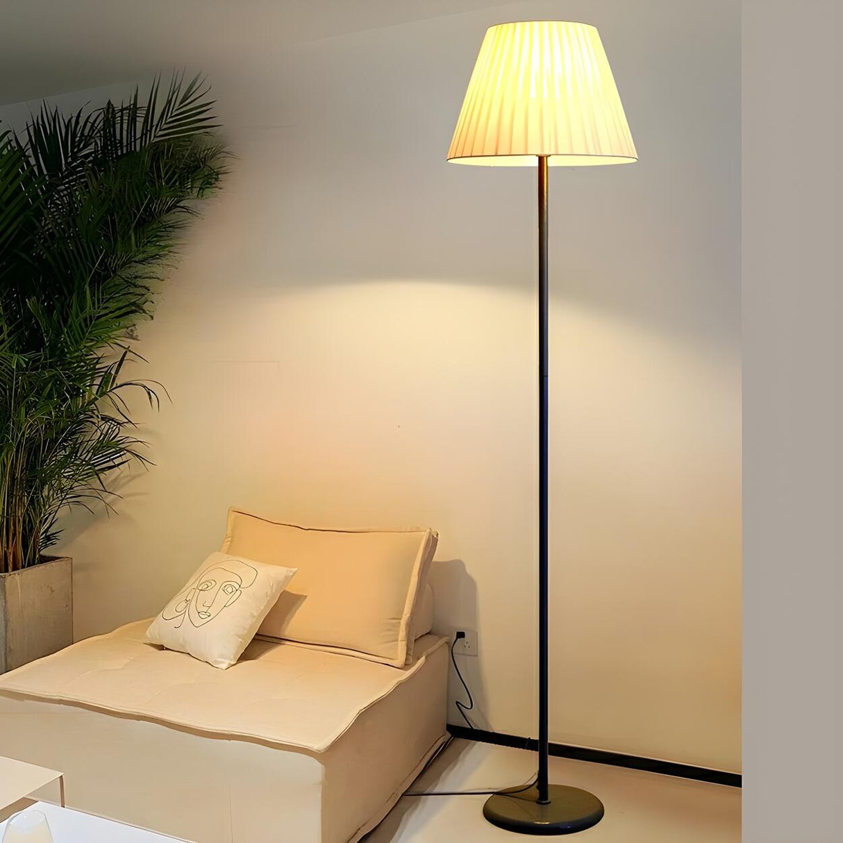 Elegant Pleated Beige Cone Curved Metal Floor Lamp Image - 4