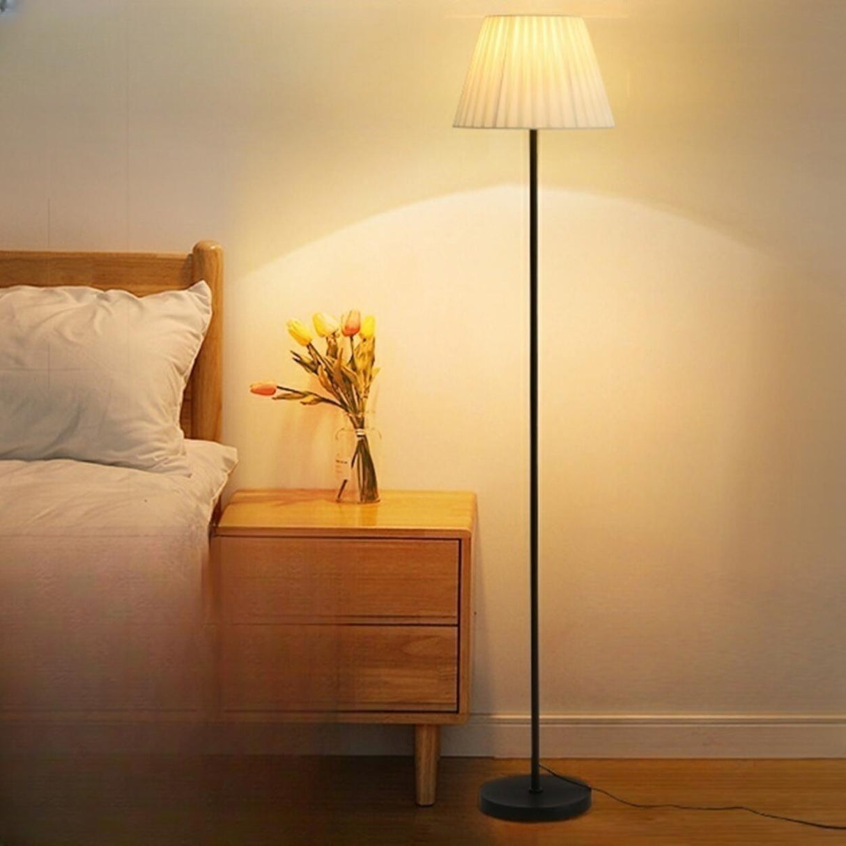 Elegant Pleated Beige Cone Curved Metal Floor Lamp Image - 8