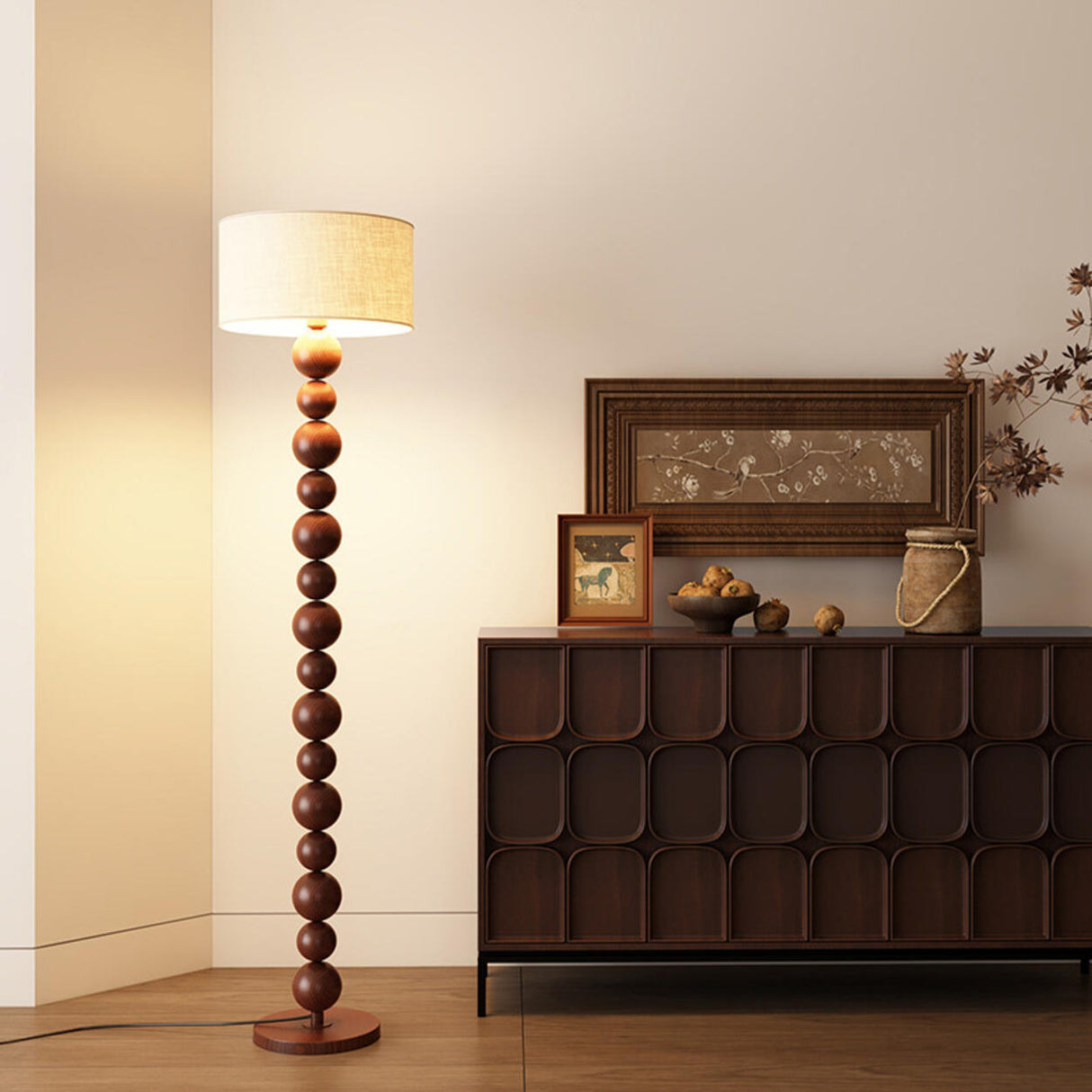 Elegant Pleated Cone Shade Stacked Ball Floor Lamp Image - 4