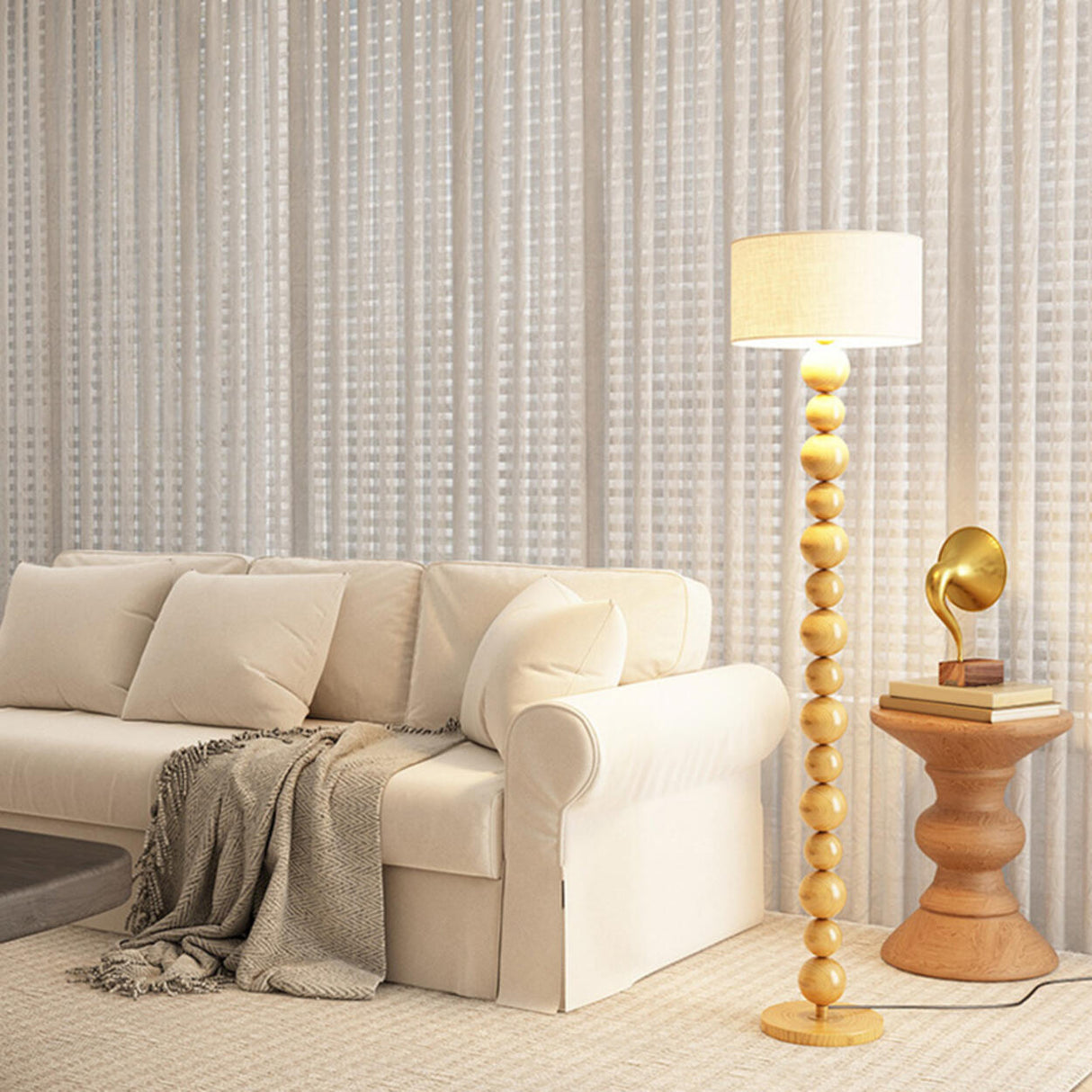 Elegant Pleated Cone Shade Stacked Ball Floor Lamp Image - 5