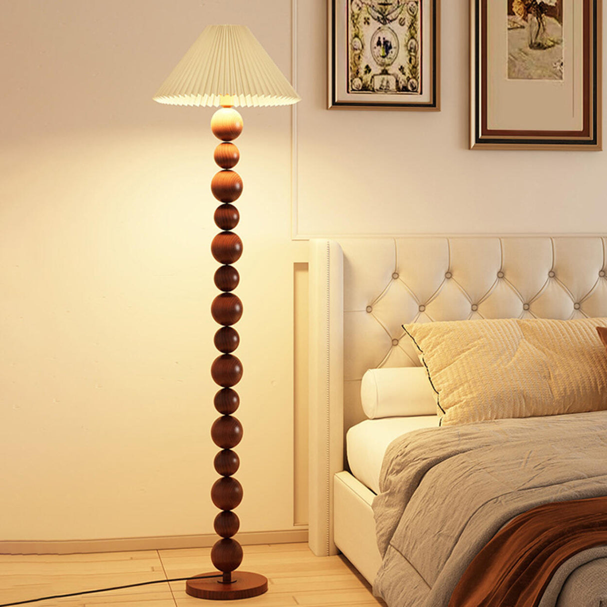 Elegant Pleated Cone Shade Stacked Ball Floor Lamp Image - 8