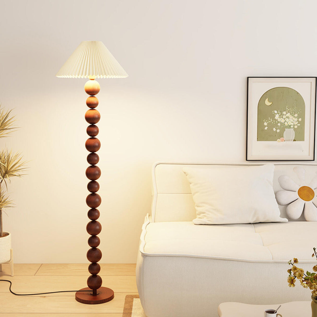 Elegant Pleated Cone Shade Stacked Ball Floor Lamp Image - 9