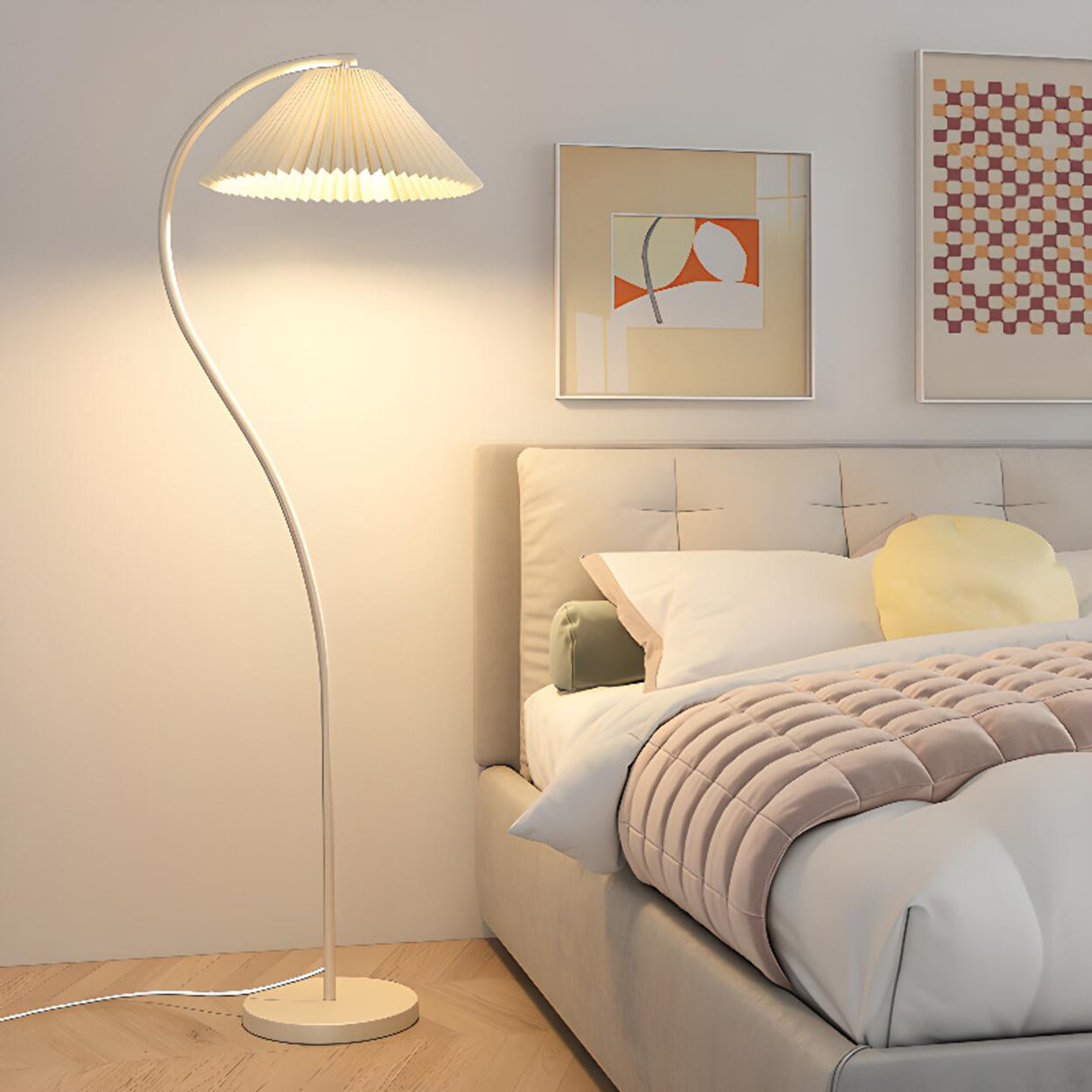 Elegant Pleated Fabric Cream Curved Floor Lamp Image - 4