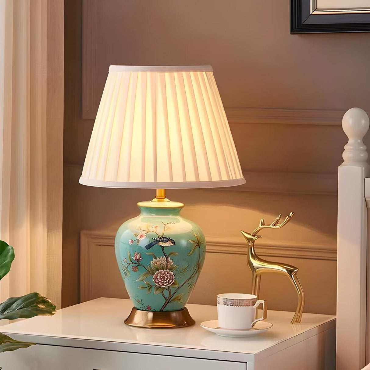 Elegant Pleated Fabric Floral Ceramic Base Table Lamp Image - 14