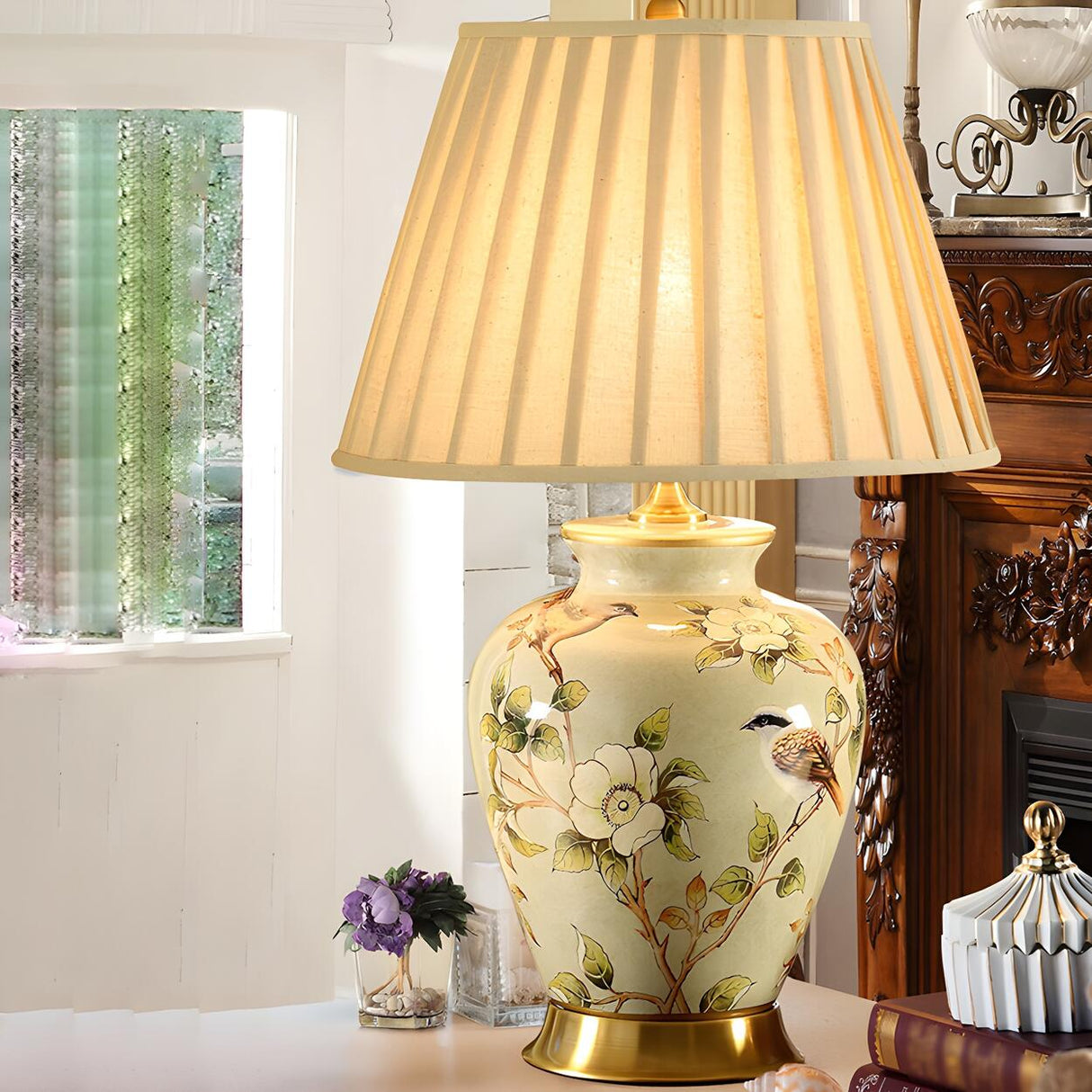 Elegant Pleated Fabric Floral Ceramic Base Table Lamp Image - 5