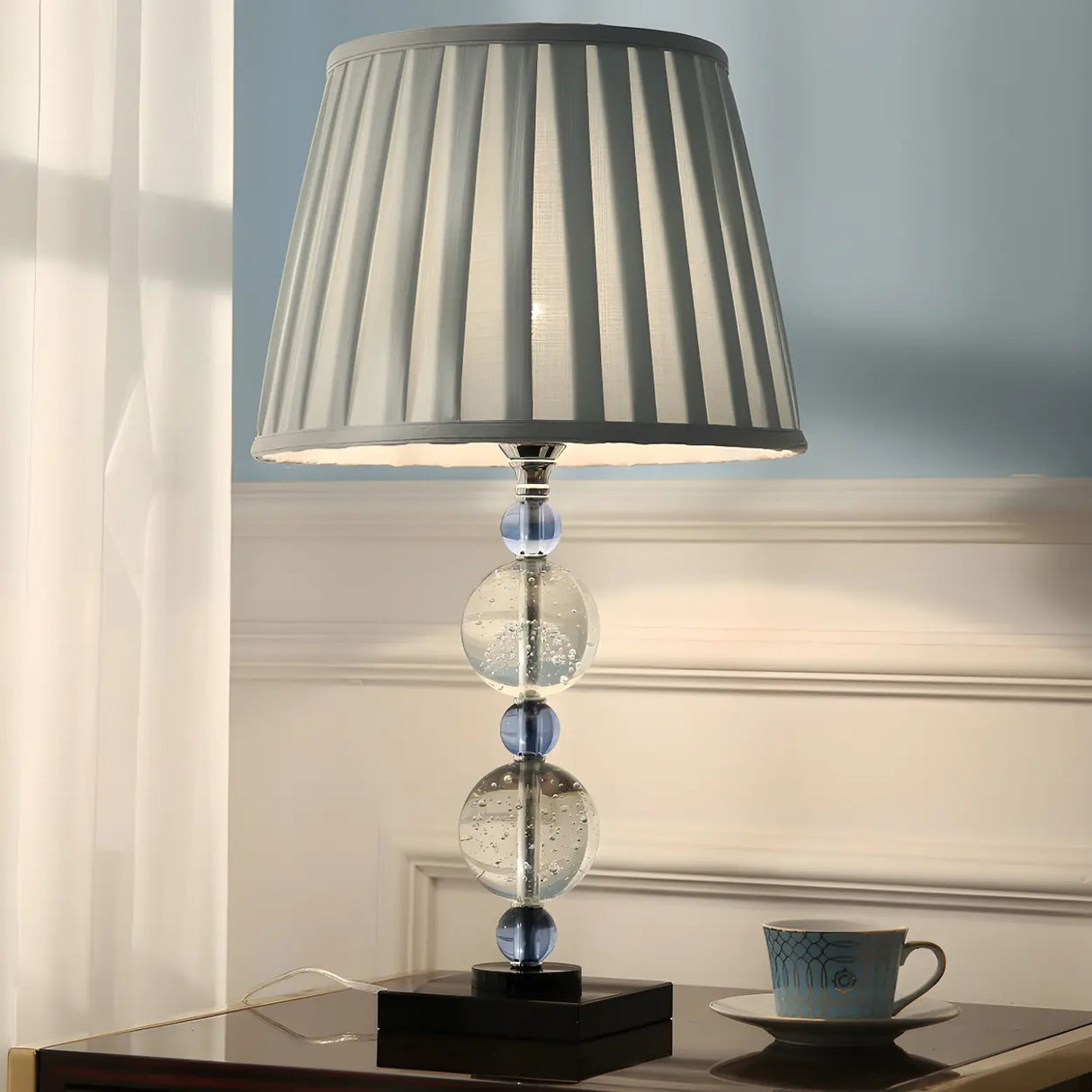 Elegant Pleated Shade Crystal Decor Base Table Lamp Image - 6