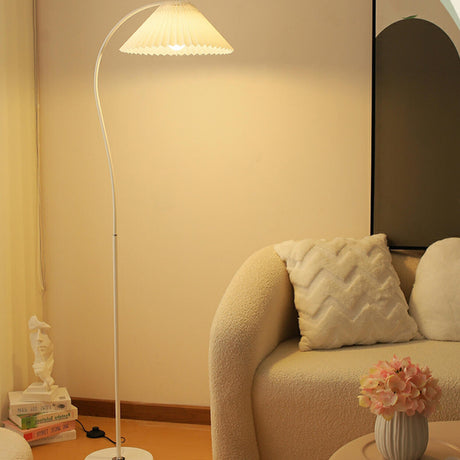 Elegant Pleated Shade White Curved LED Floor Lamp Image - 1