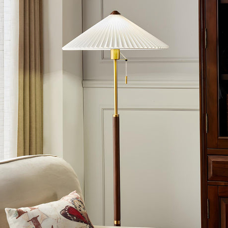 Elegant Pleated Wooden Floor Lamp with Pull Chain Image - 1