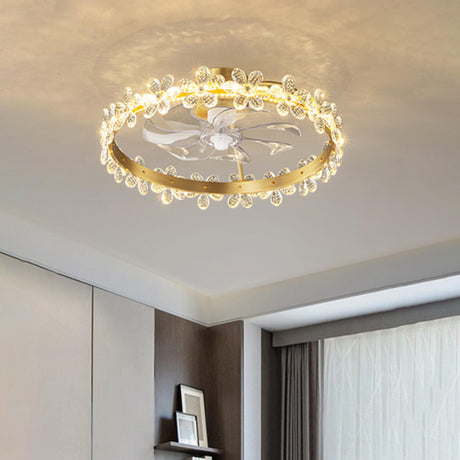 Elegant Ring Crystal Flower Brass Ceiling Fan Light Image - 2