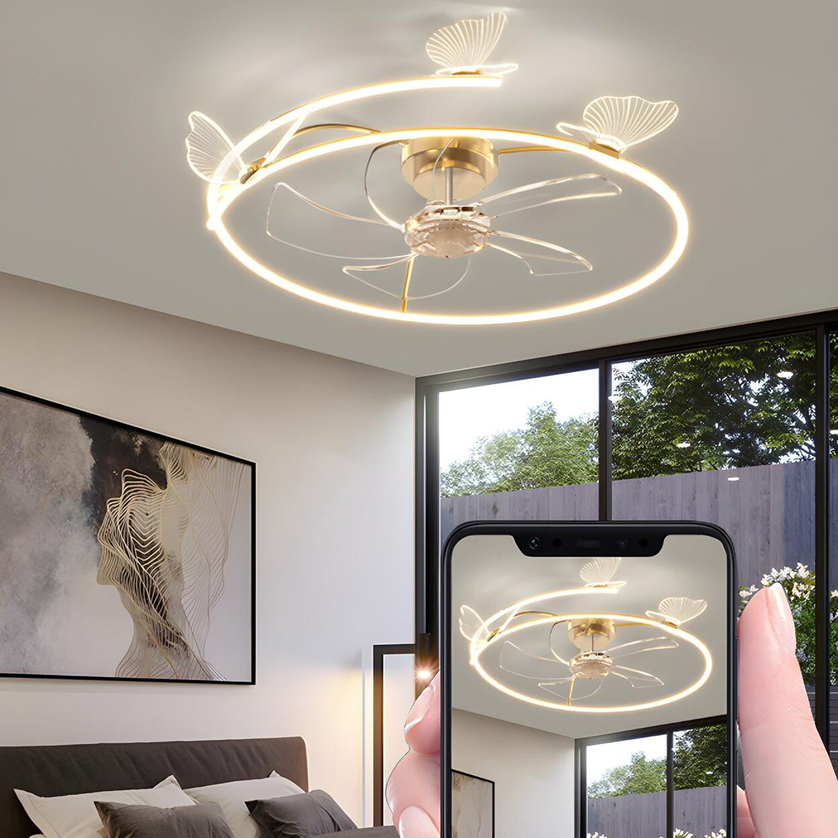 Elegant Ring Hollow Butterfly Ceiling Fan with Light Image - 10