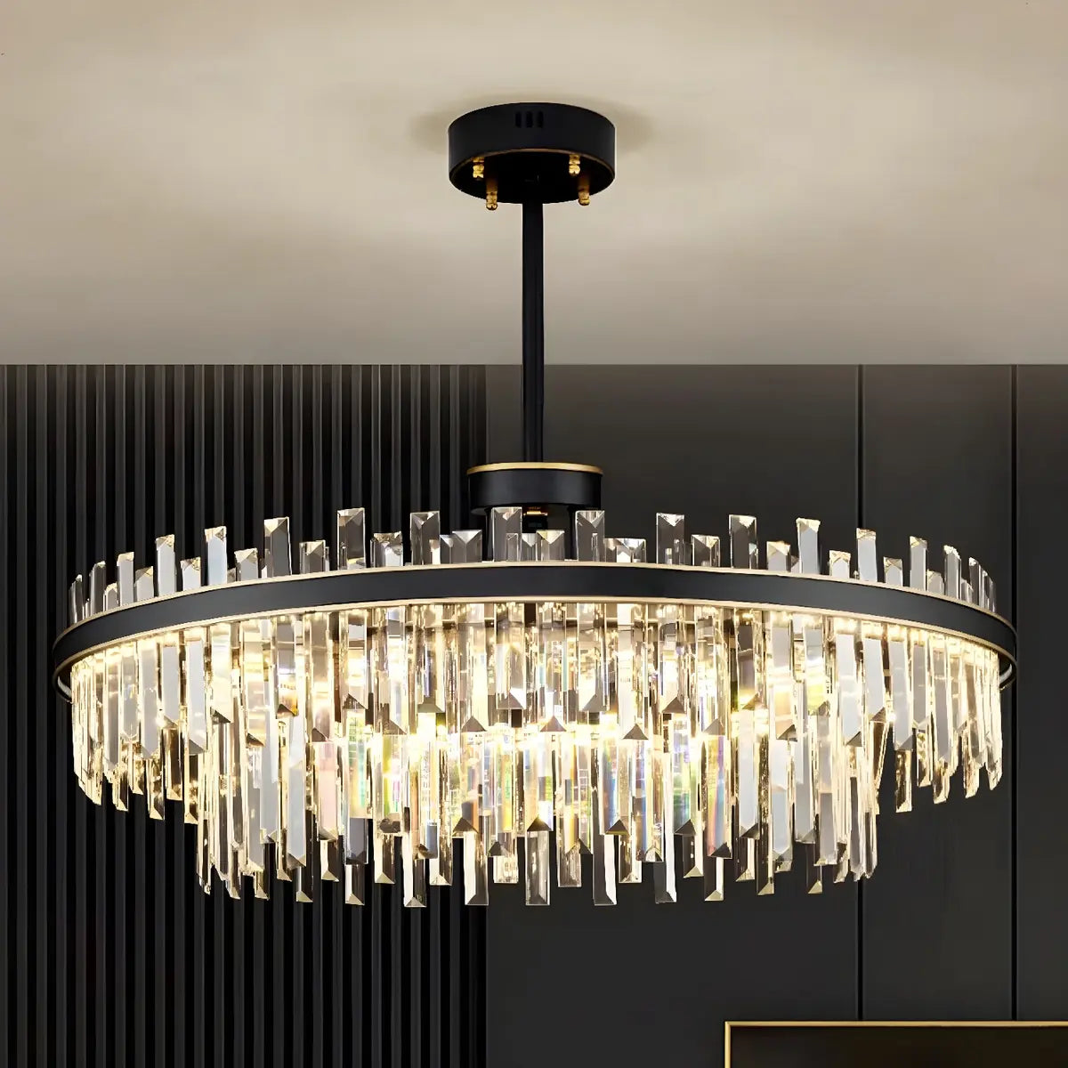 Elegant Round 2-Tiers Crystal Living Room Black Chandelier Image - 2