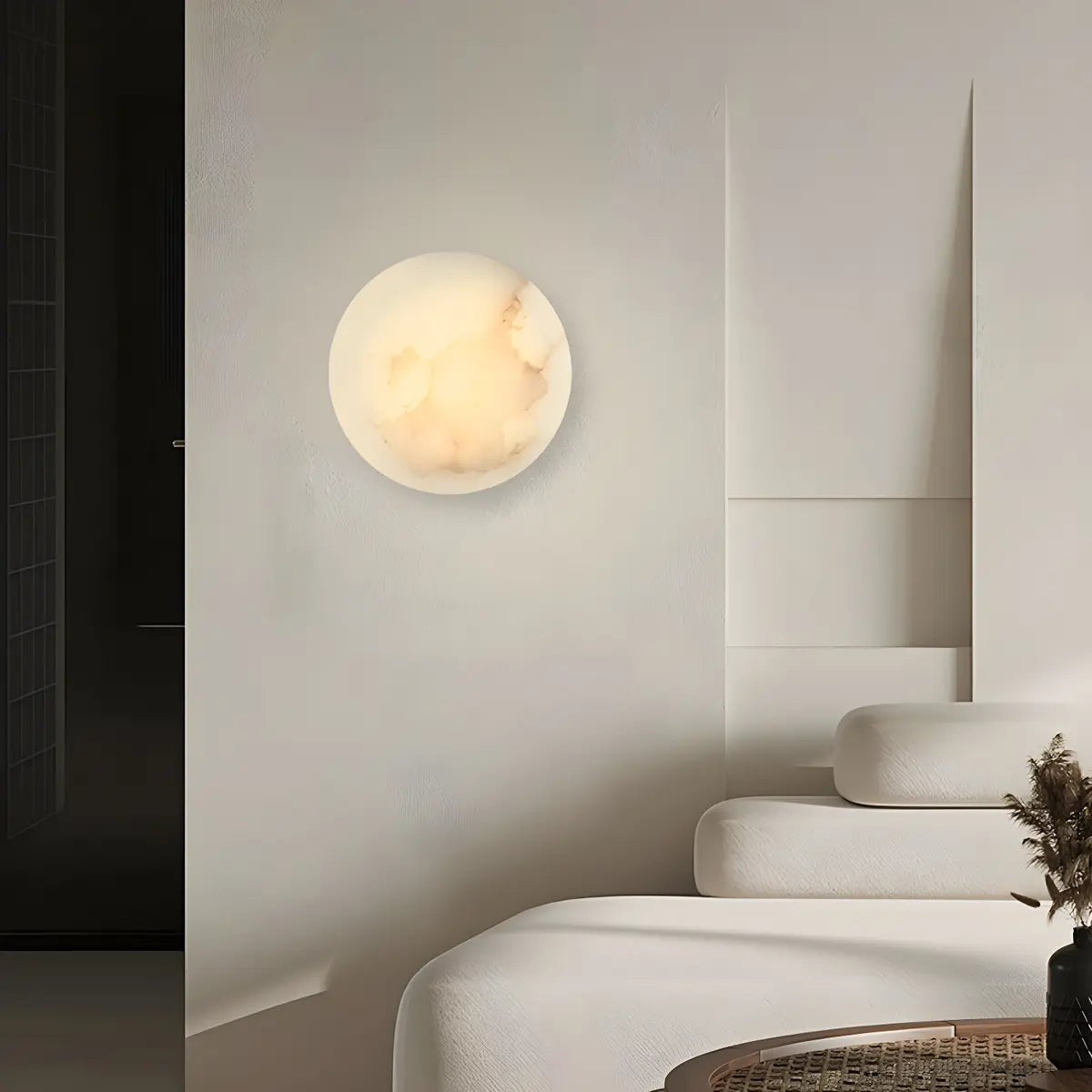 Elegant Round Alabaster Beige Wall Sconce for Bedroom Image - 1