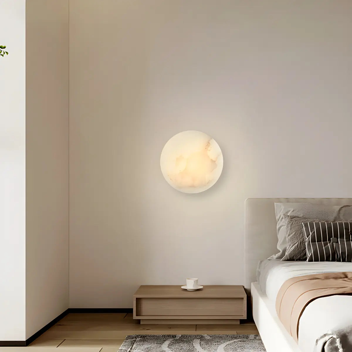 Elegant Round Alabaster Beige Wall Sconce for Bedroom Image - 4