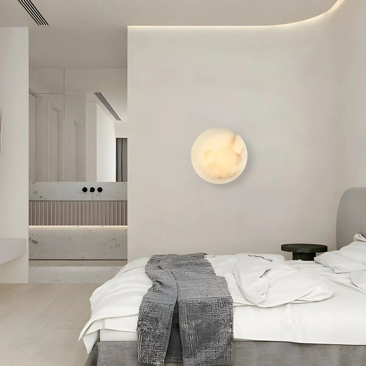 Elegant Round Alabaster Beige Wall Sconce for Bedroom Image - 9