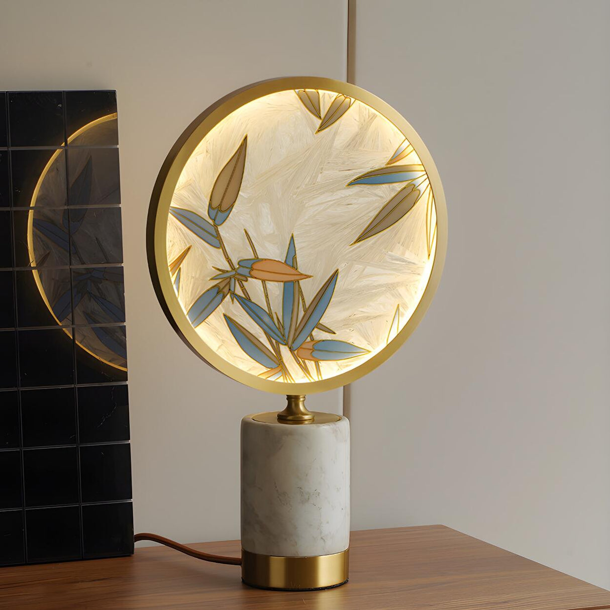 Elegant Round Bamboo Design Marble Base Table Lamp Image - 2