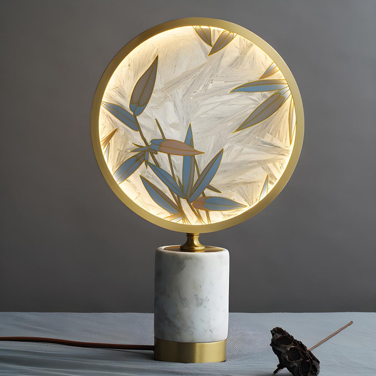 Elegant Round Bamboo Design Marble Base Table Lamp Image - 9