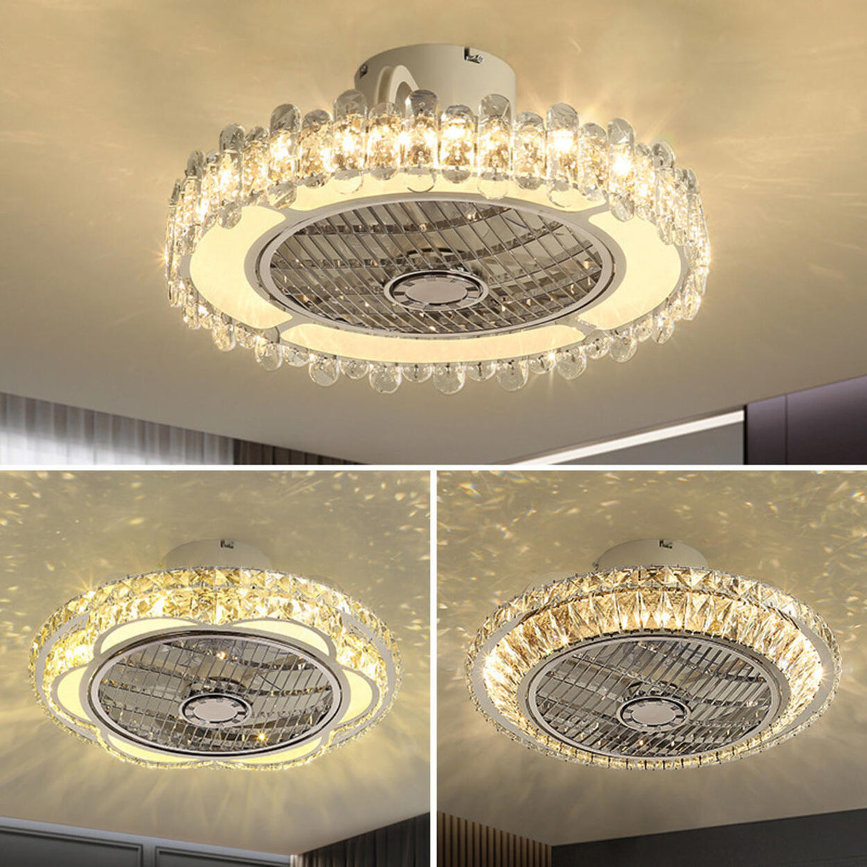 Elegant Round Bladeless Crystal Ceiling Fan with Light Image - 4