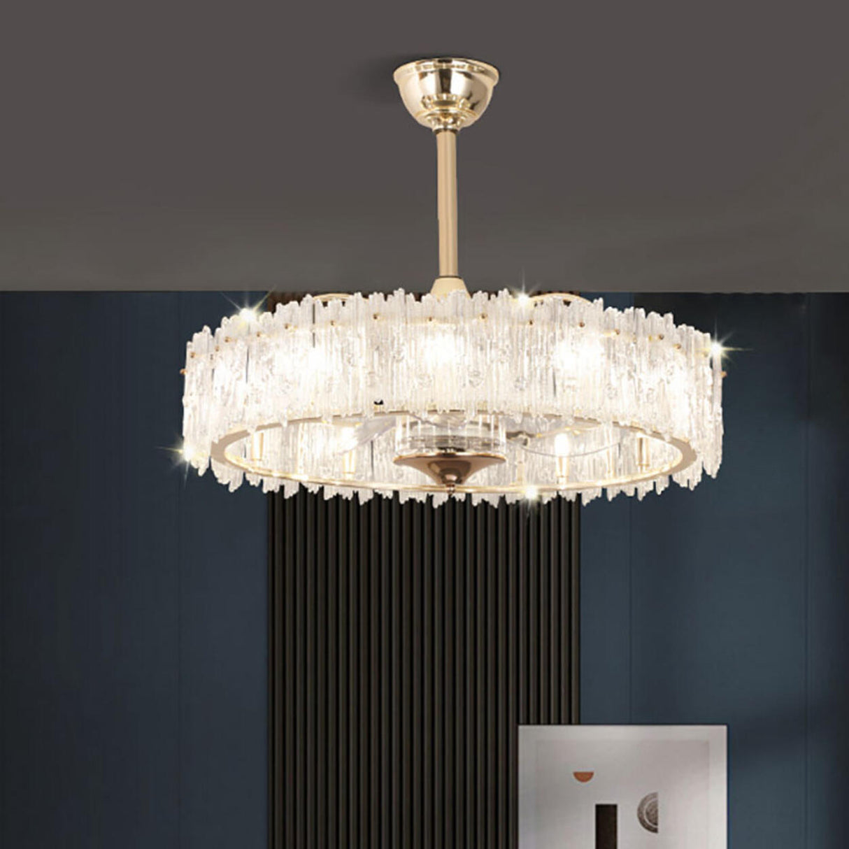 Elegant Round Crystal Chandelier Ceiling Fan Light Image - 1