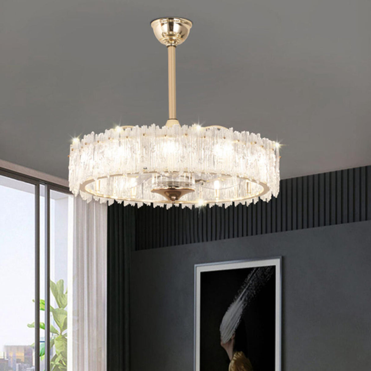 Elegant Round Crystal Chandelier Ceiling Fan Light Image - 17