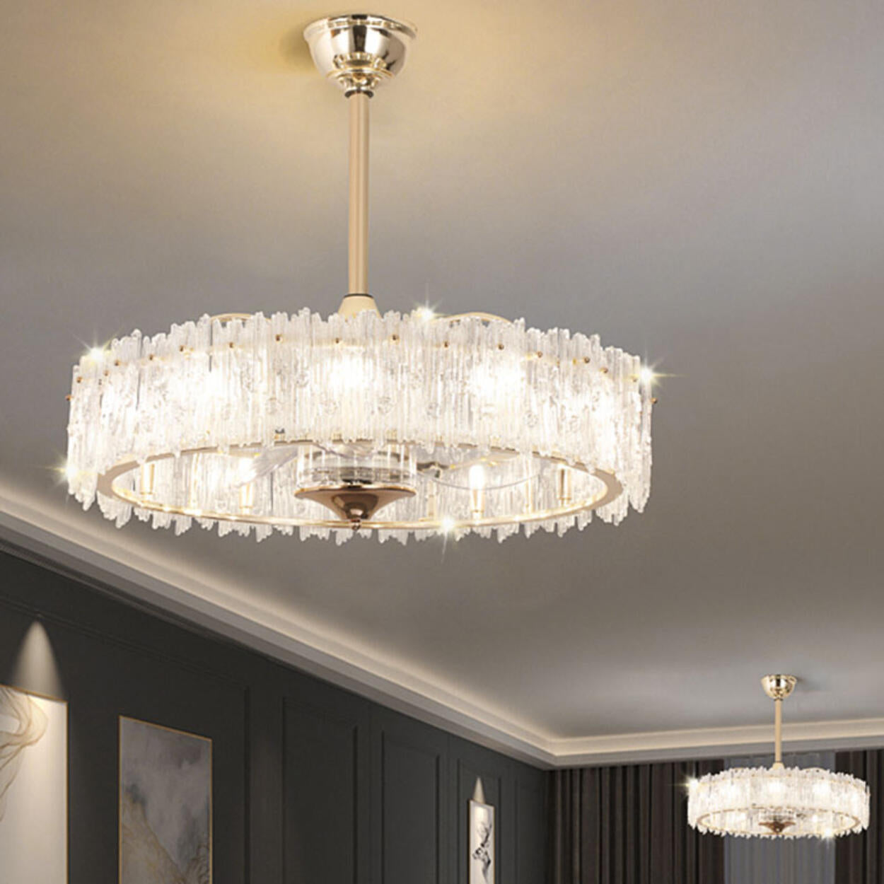 Elegant Round Crystal Chandelier Ceiling Fan Light Image - 2