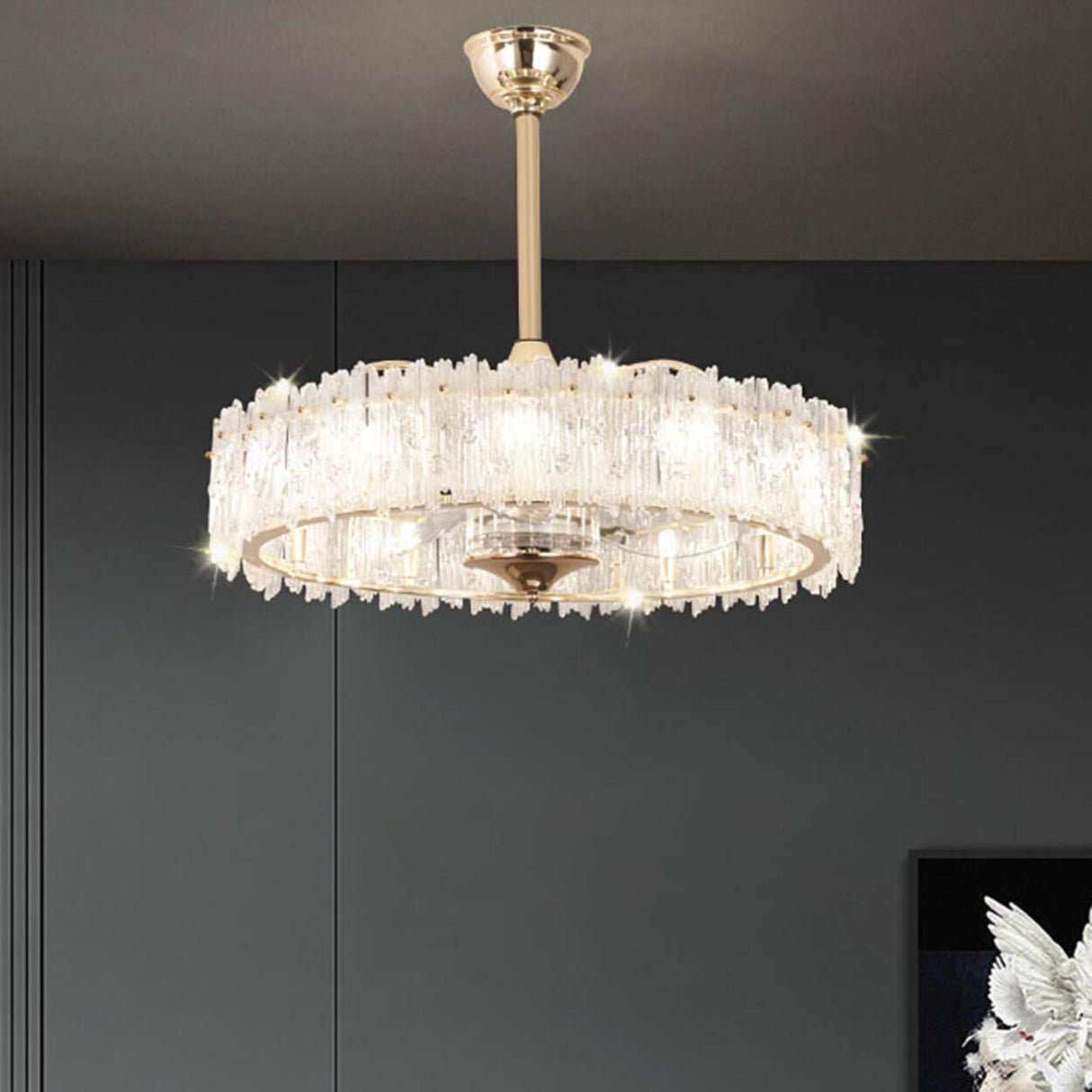 Elegant Round Crystal Chandelier Ceiling Fan Light Image - 20