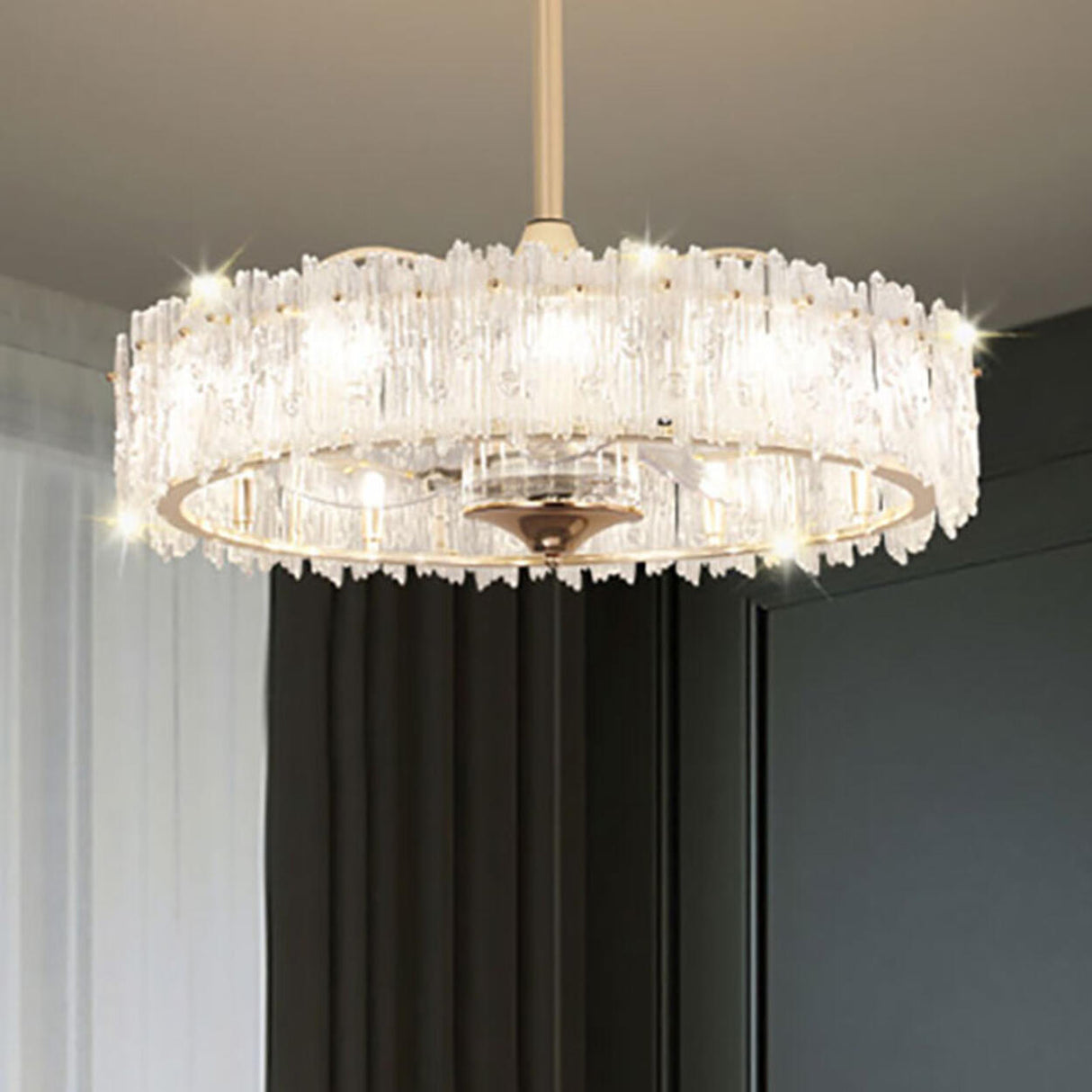 Elegant Round Crystal Chandelier Ceiling Fan Light Image - 3