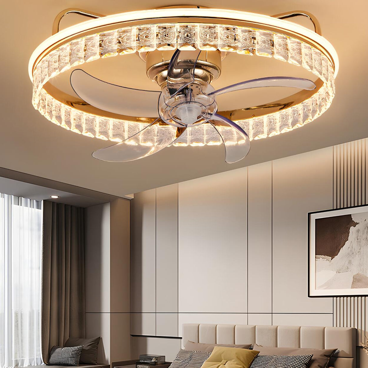 Elegant Round Crystal Modern Ceiling Fan with Light Image - 5