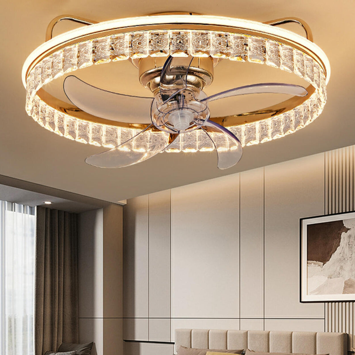 Elegant Round Crystal Windmill Ceiling Fan with Light Image - 1