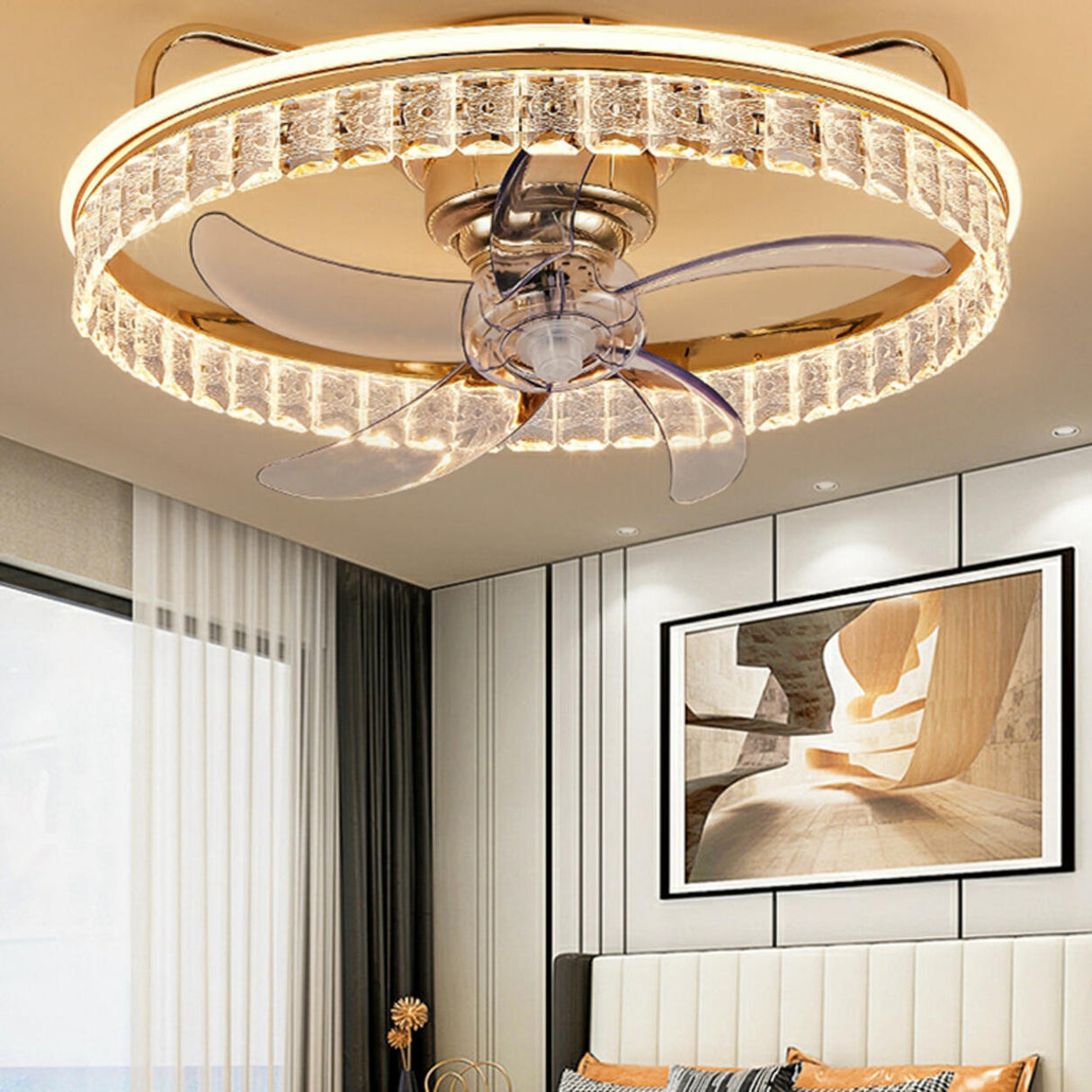 Elegant Round Crystal Windmill Ceiling Fan with Light Image - 12