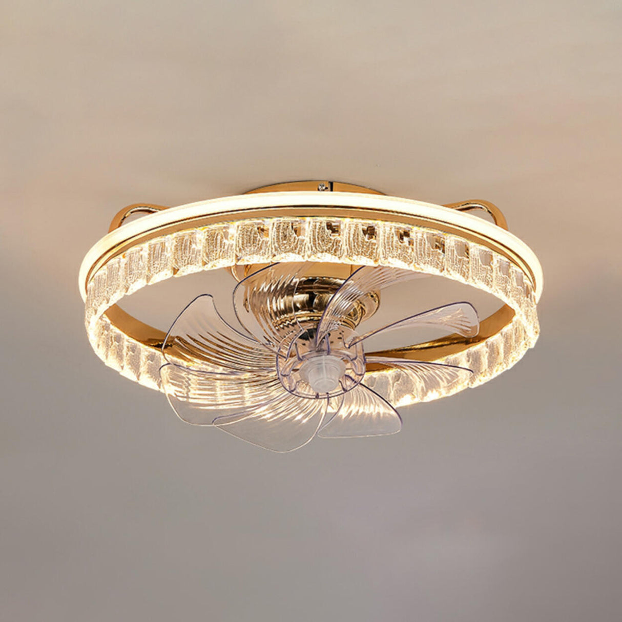 Elegant Round Crystal Windmill Ceiling Fan with Light Image - 3