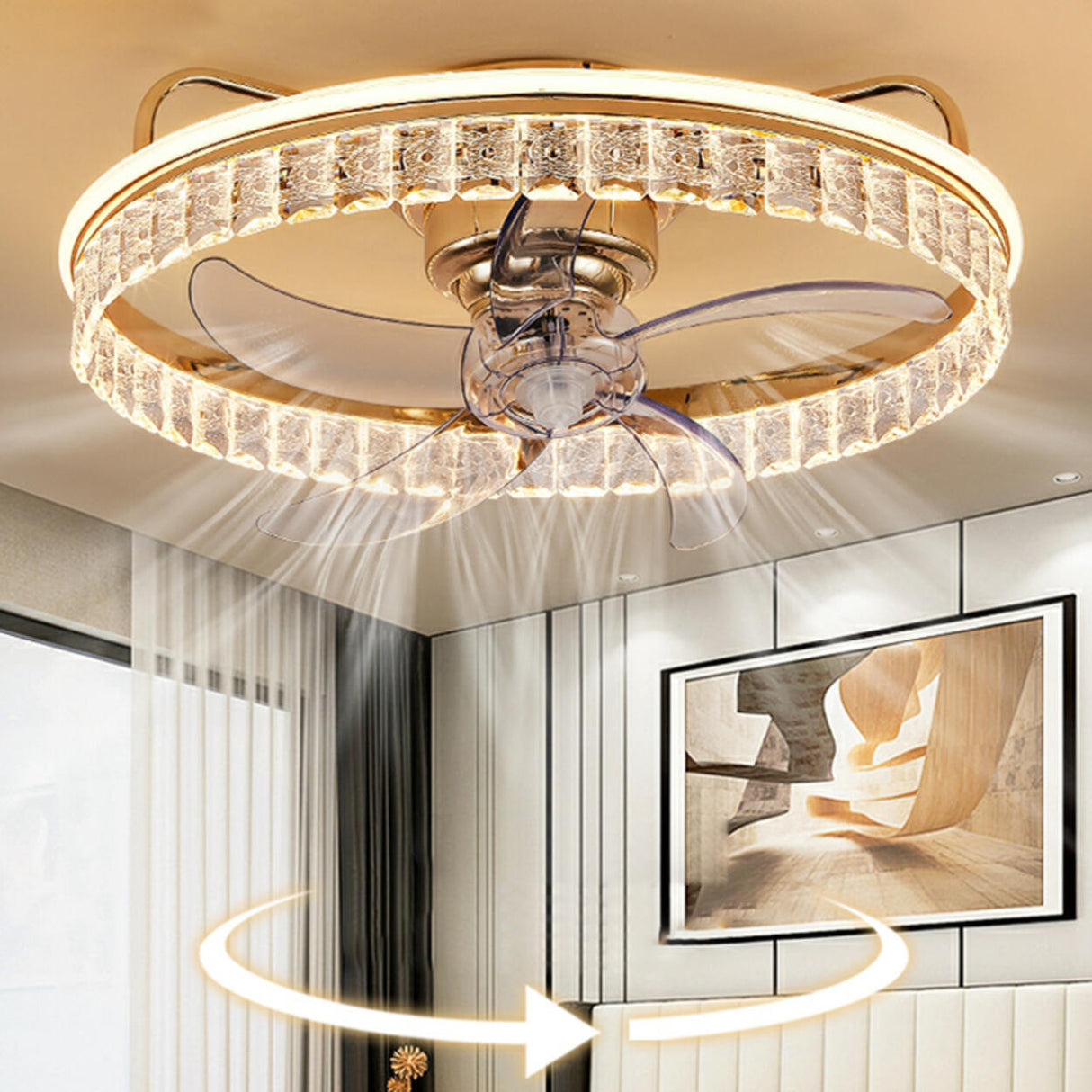 Elegant Round Crystal Windmill Ceiling Fan with Light Image - 4