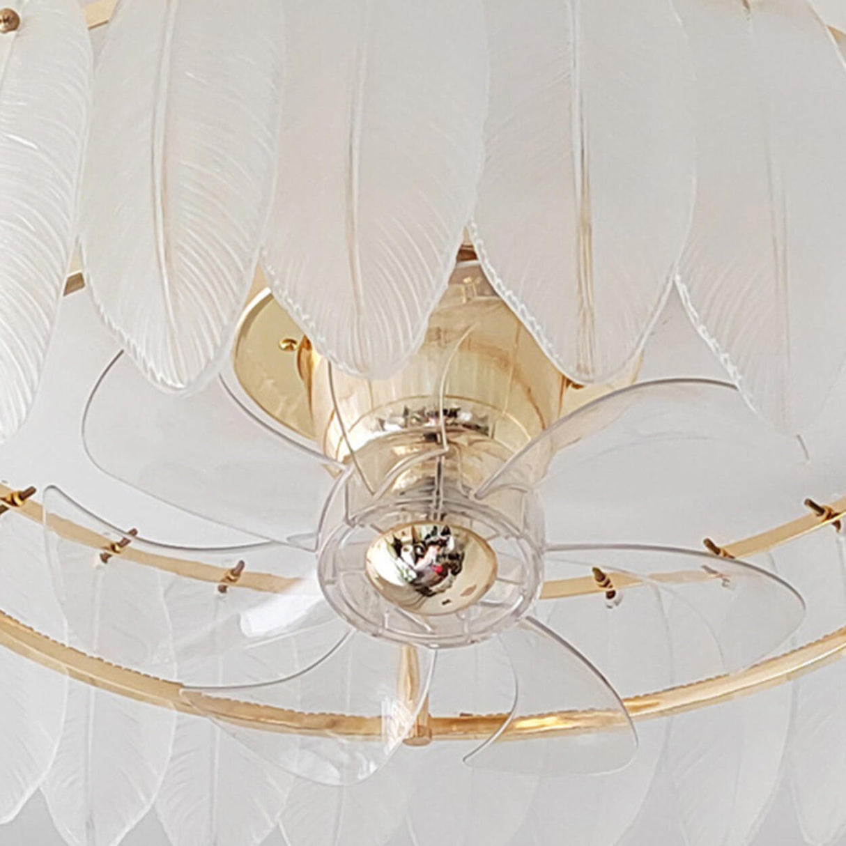 Elegant Round Feathered Glass Shade Ceiling Fan Light Image - 20