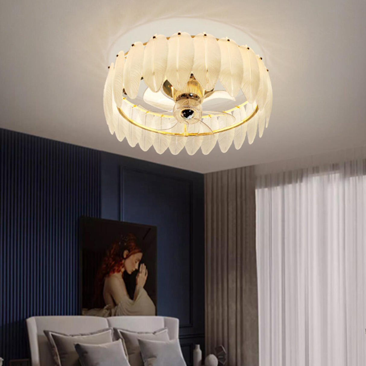 Elegant Round Feathered Glass Shade Ceiling Fan Light Image - 22