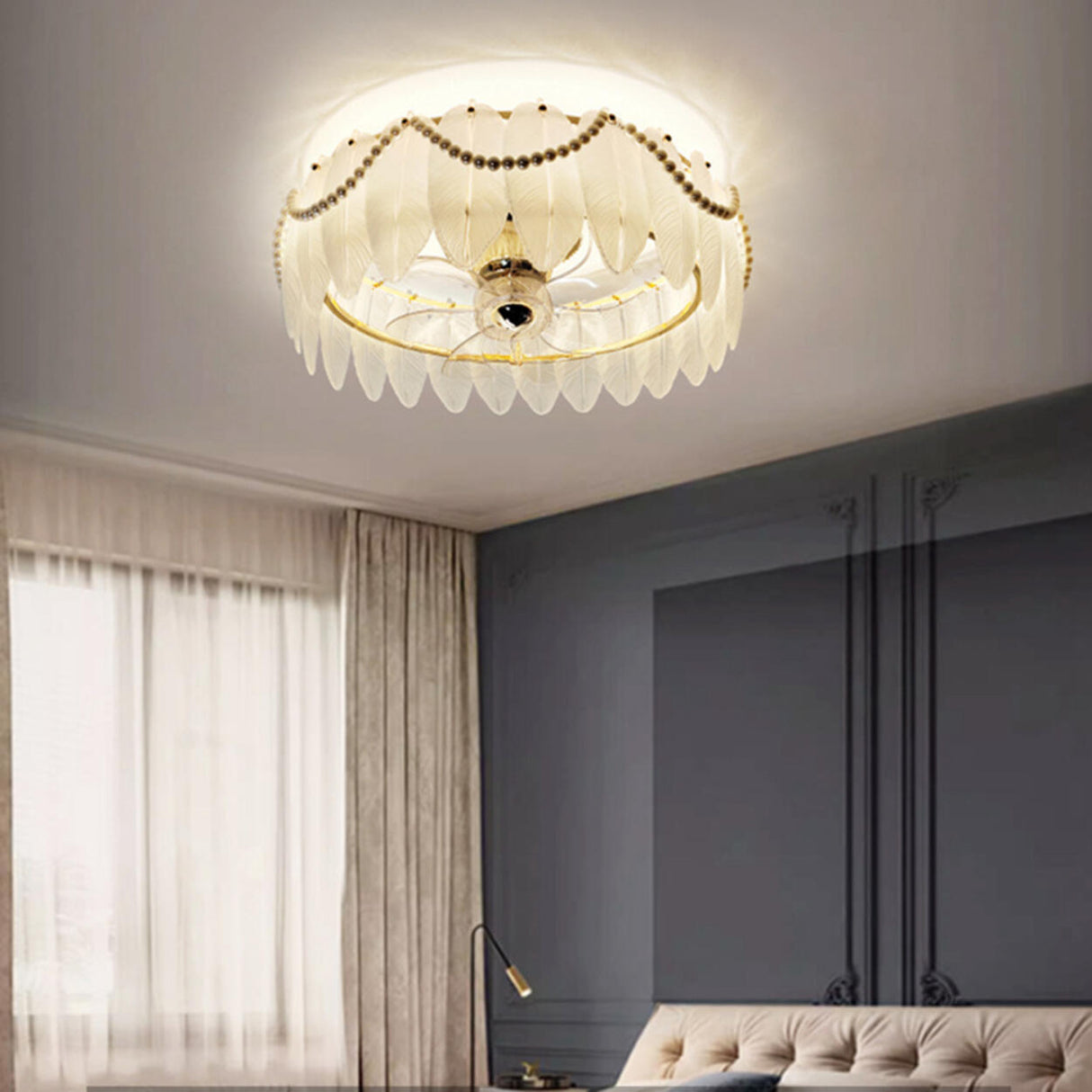 Elegant Round Feathered Glass Shade Ceiling Fan Light Image - 23