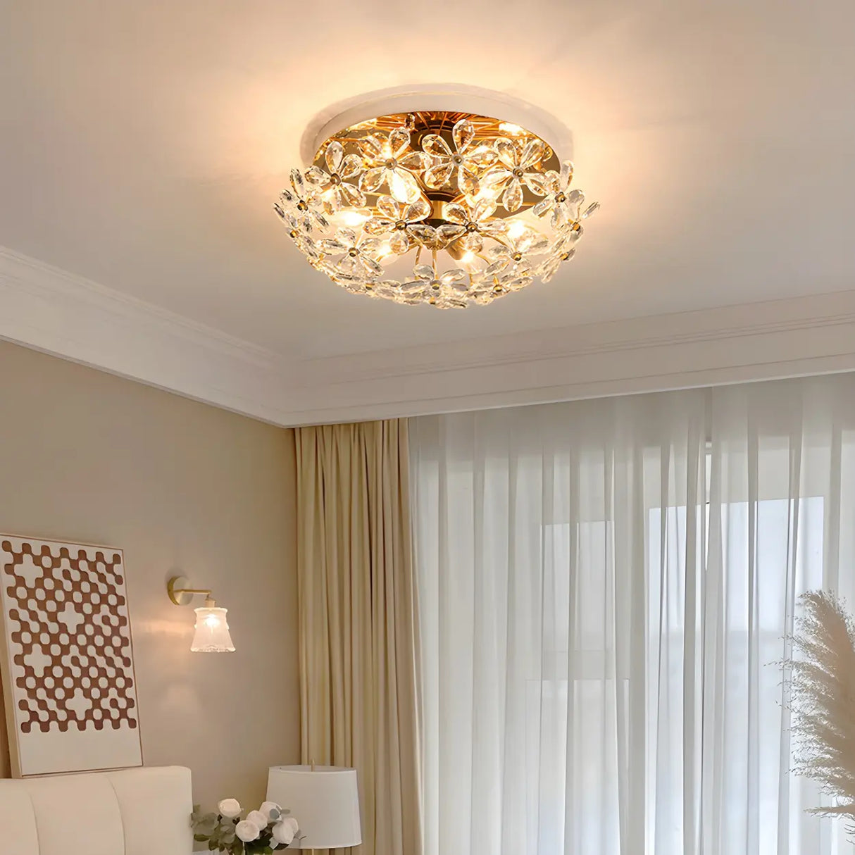 Elegant Round Flower Crystal Flush Mount Ceiling Light Image - 1