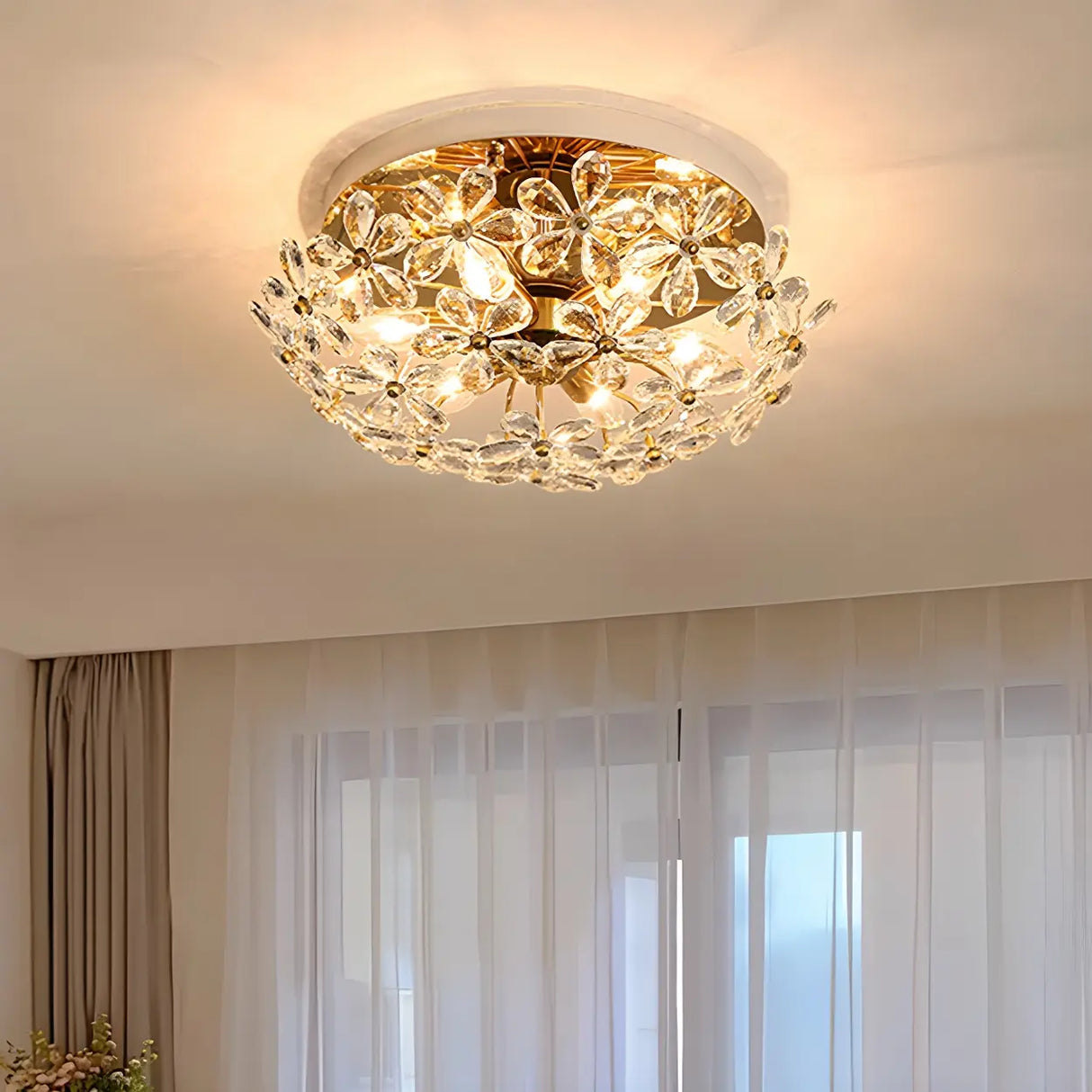 Elegant Round Flower Crystal Flush Mount Ceiling Light Image - 2