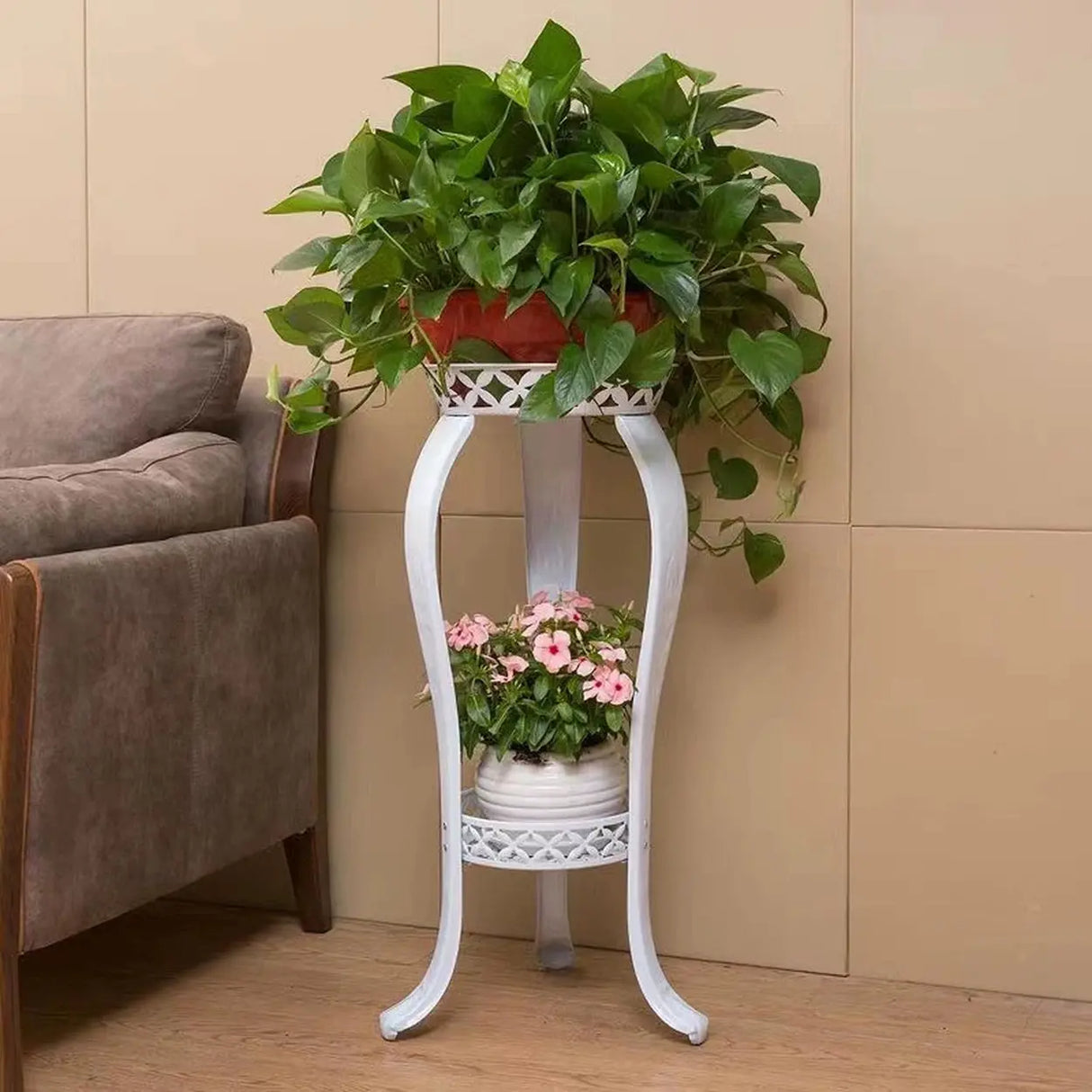 Elegant Round Metal White 2-Tier Plant Stand with Legs Image - 5