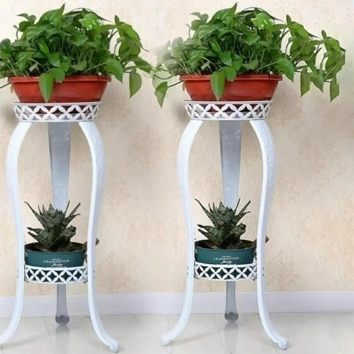 Elegant Round Metal White 2-Tier Plant Stand with Legs Image - 6