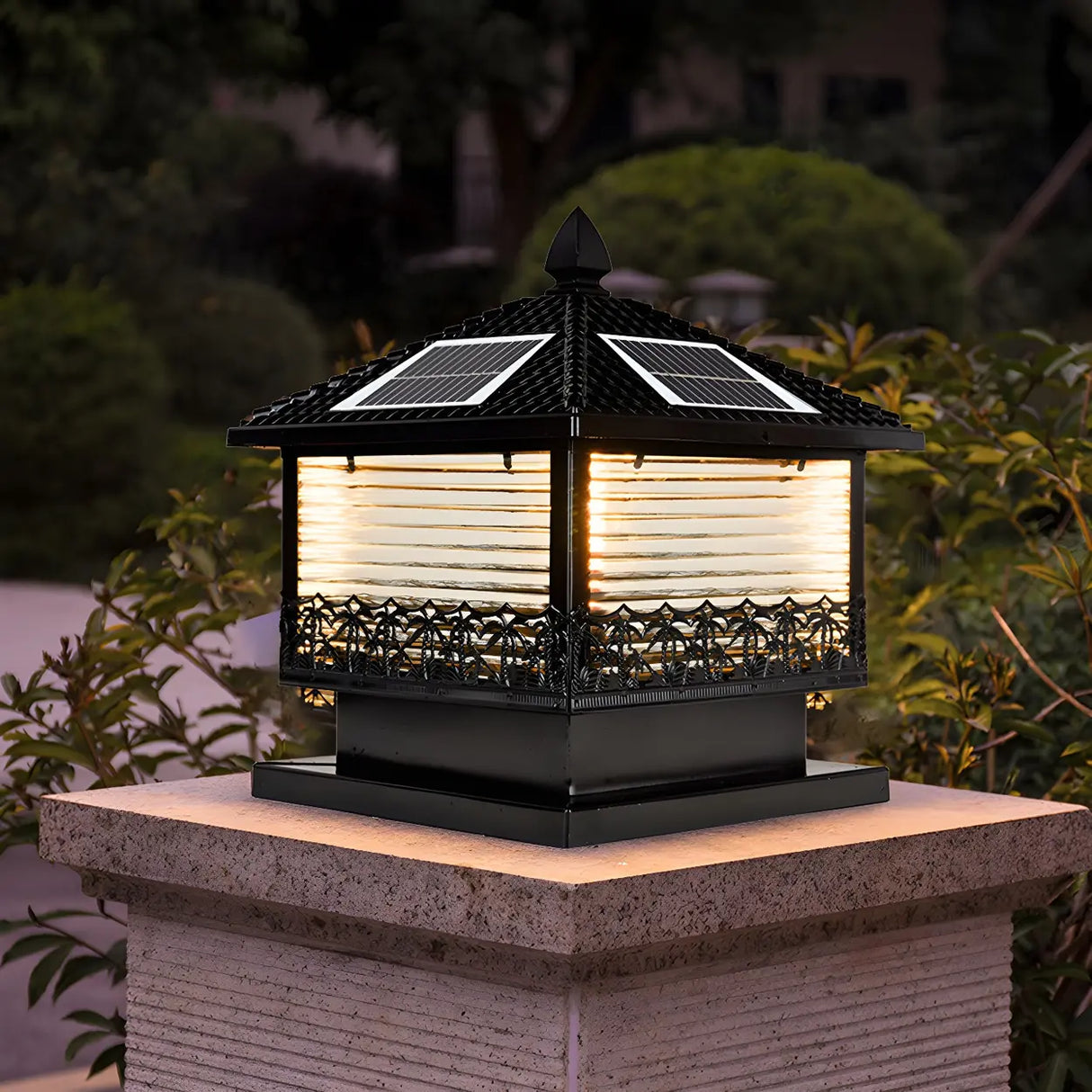 Elegant Square Solar Post Iron Outdoor Table Lamp Black Image - 1