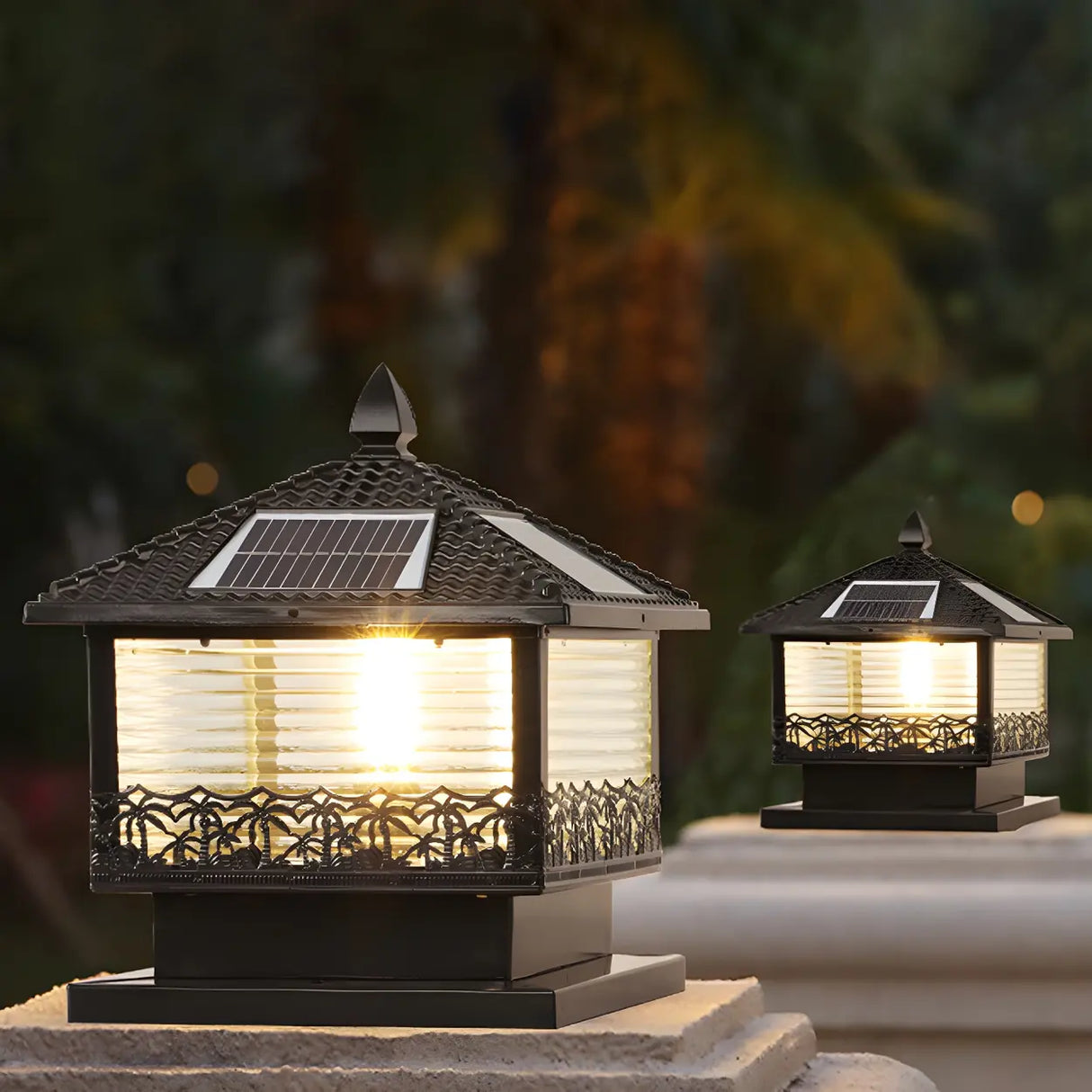 Elegant Square Solar Post Iron Outdoor Table Lamp Black Image - 6