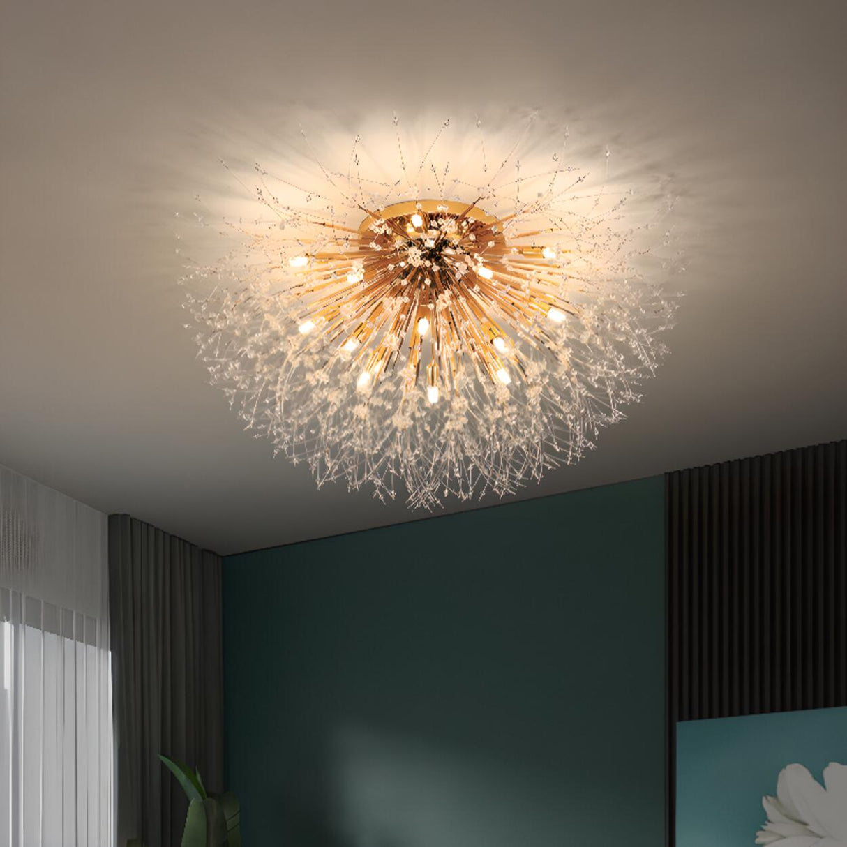 Elegant Starburst Crystal Gold Semi-Flush Mount Light Image - 2