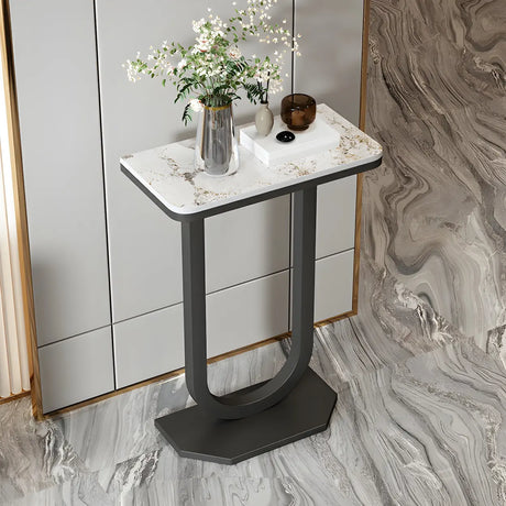 Elegant Stone Top U-Shaped Metal Frame Plant Table Image - 1